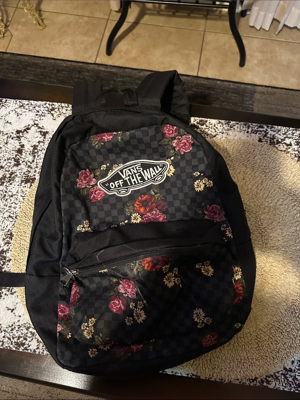 Vans Black Checkerboard Floral Backpack with Pink & Red Accents